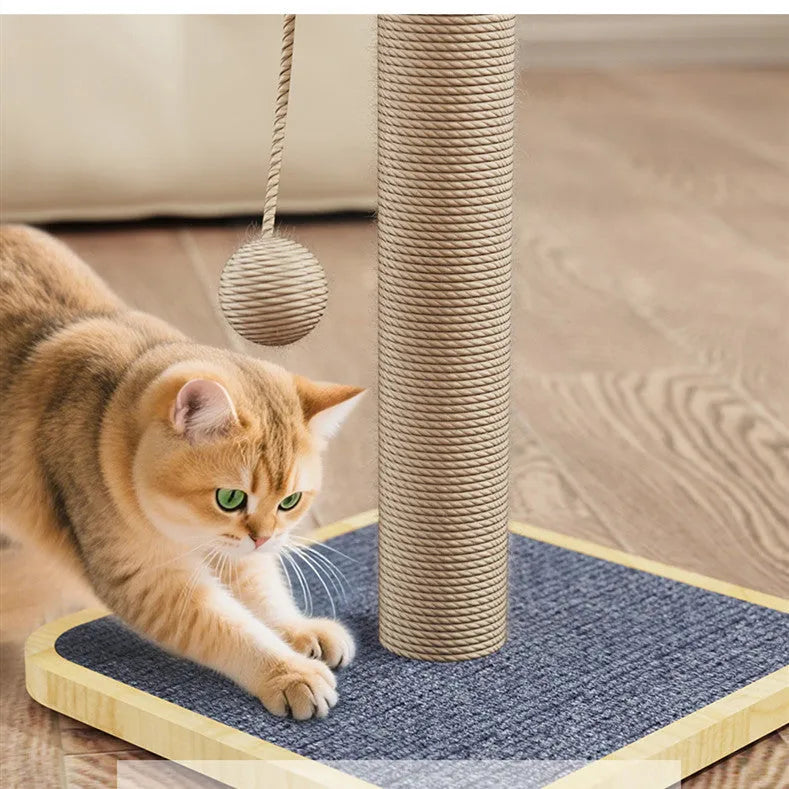 Windmill-shaped cat climbing frame with a hanging ball toy, made from pine wood and carpet leather.