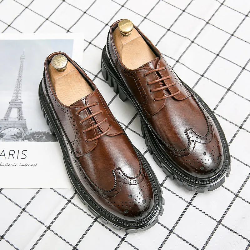 Men's black and brown artificial PU leather brogue business shoes with round toe.