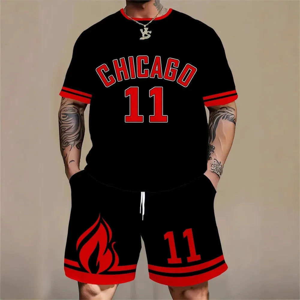Men's black and white 3D printed letter short sleeve top and shorts suit set