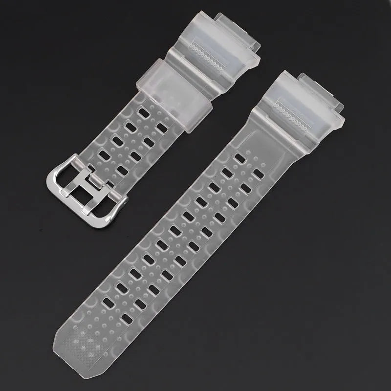 Camouflage patterned TPU resin watch strap with silver buckle on a grey background