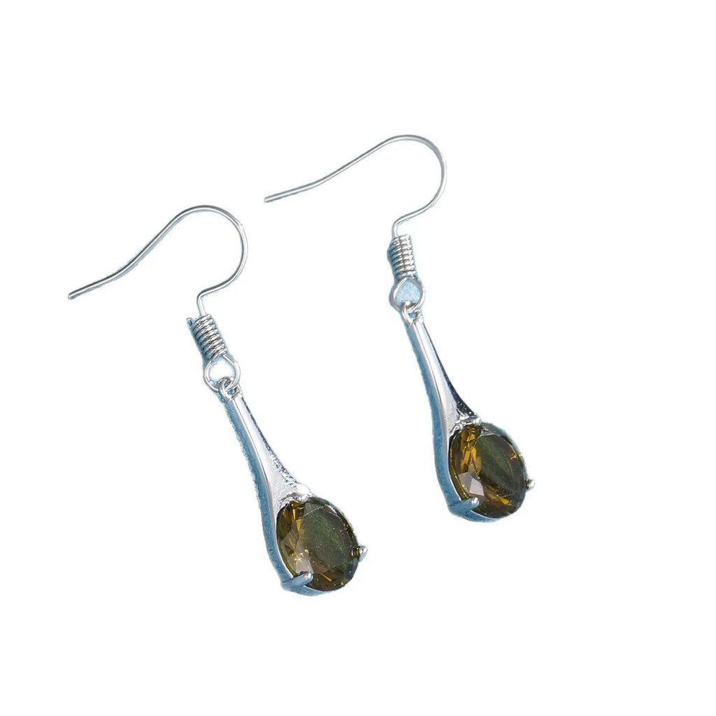 Olive green topaz coloured alloy drop earrings in a water drop shape on a white background.