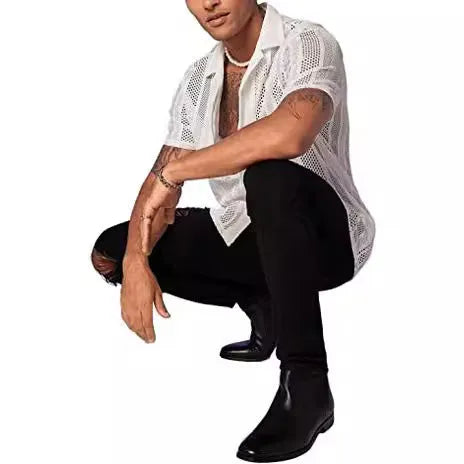 Men's white knitted short-sleeved shirt with button front and jacquard craft street fashion styling