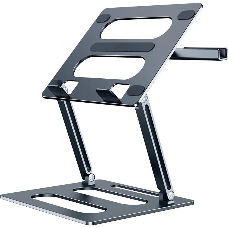 Silhouette of silver metal adjustable laptop stand on a desk with a clear 340mm elevation height and 260x248x35mm base dimensions