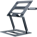 Silhouette of silver metal adjustable laptop stand on a desk with a clear 340mm elevation height and 260x248x35mm base dimensions