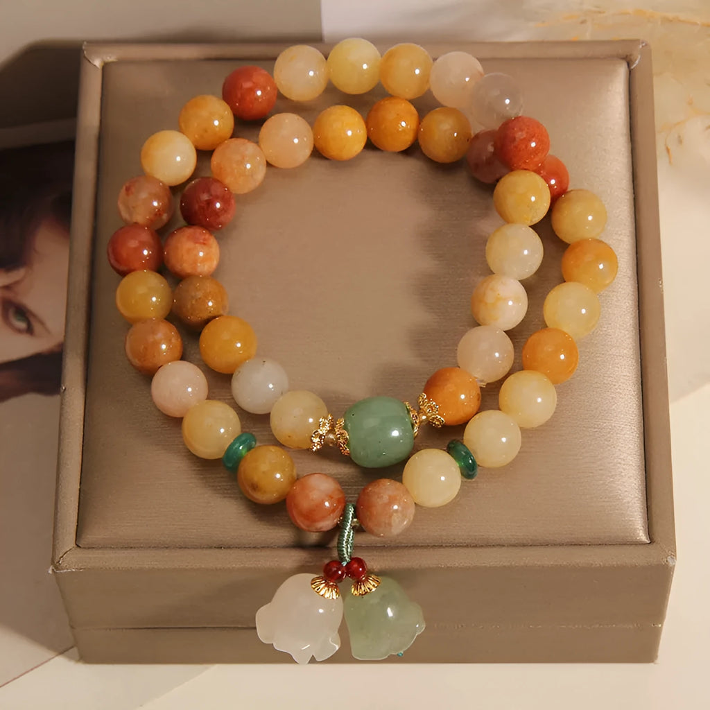 Women's natural jade bracelet with orchid pendant and multi-bead layers