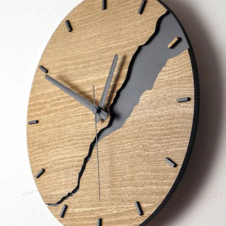 Modern simple wooden wall clock with clean face in contemporary home setting