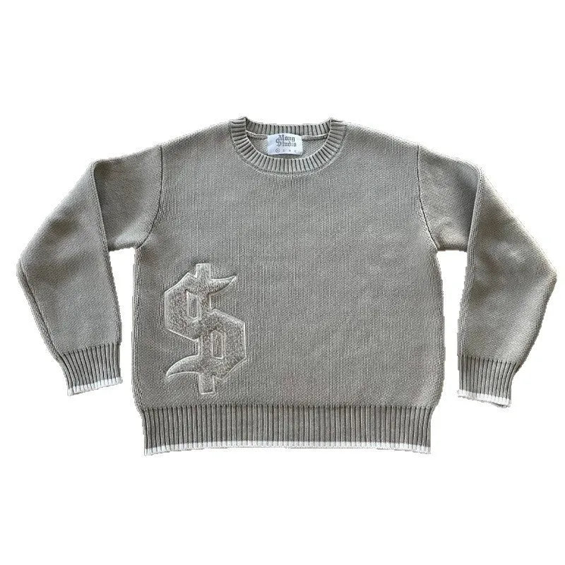 Grey jacquard loose-fitting knitwear coat with long sleeves for autumn and winter