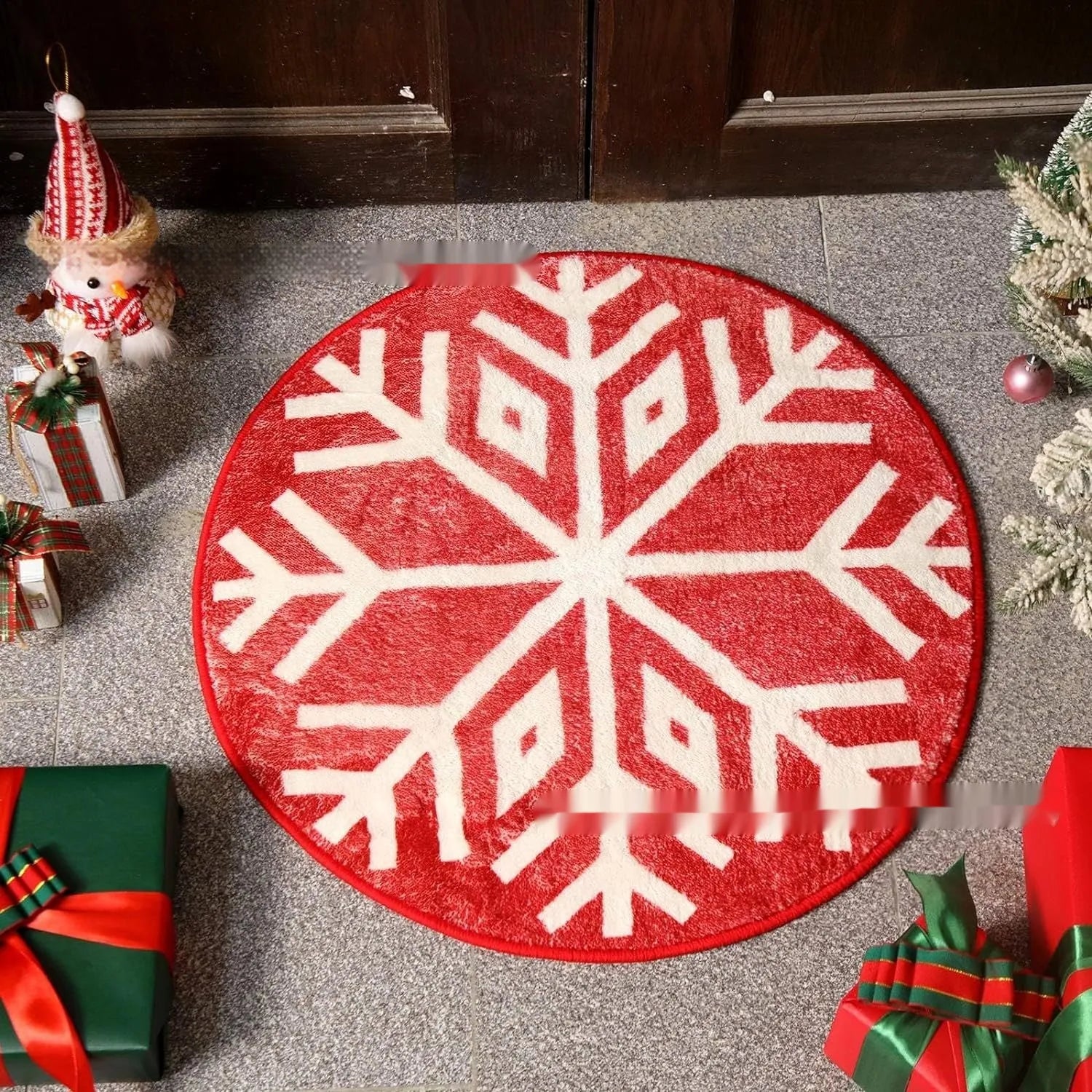 Christmas-themed polyester carpet with printed festive design in square format