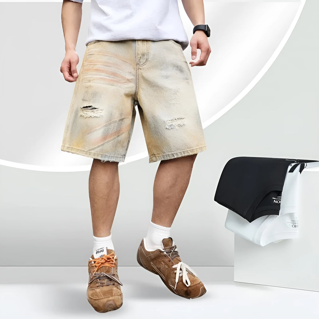 Light blue men's denim shorts with distressed wash and straight-leg silhouette