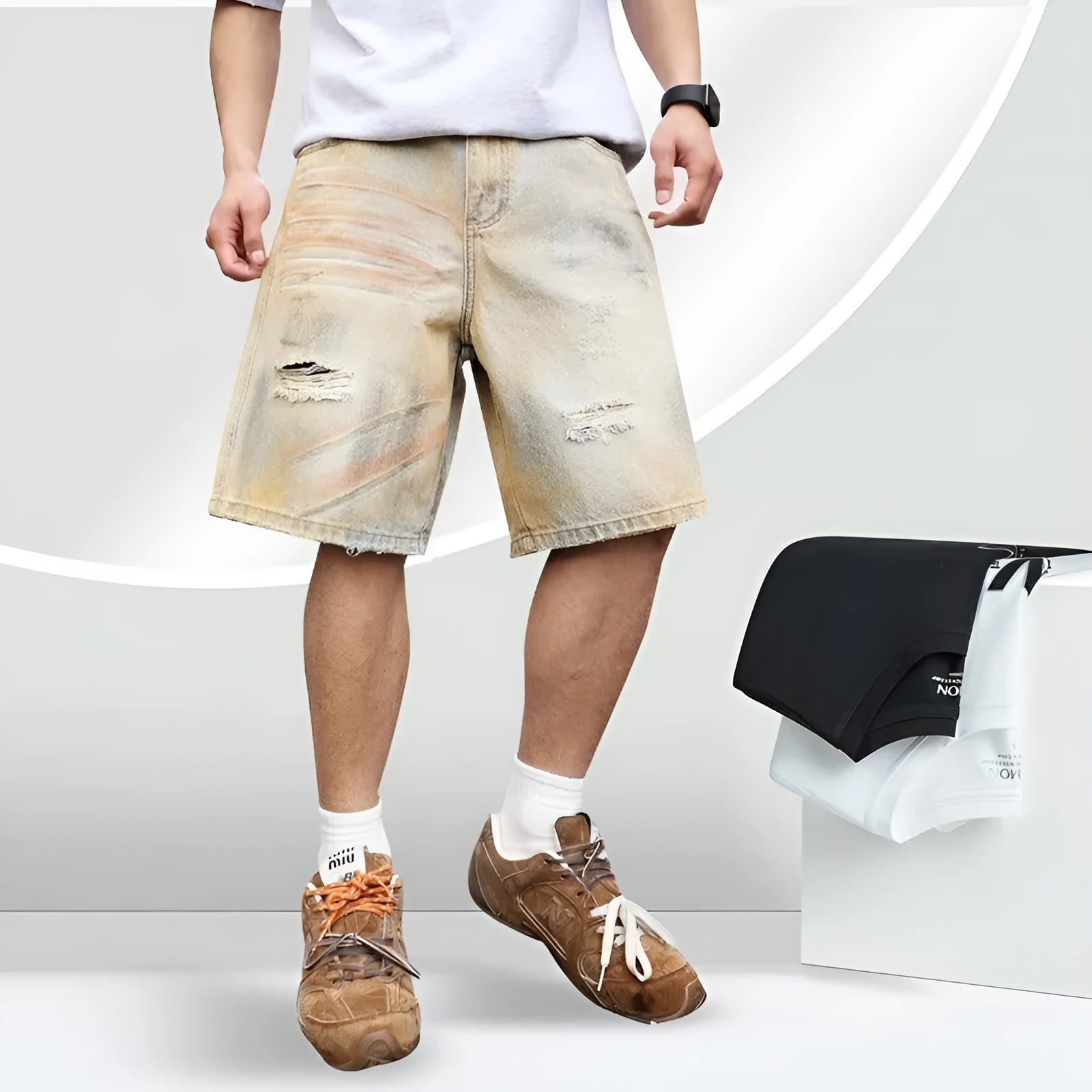 Light blue men's denim shorts with distressed wash and straight-leg silhouette