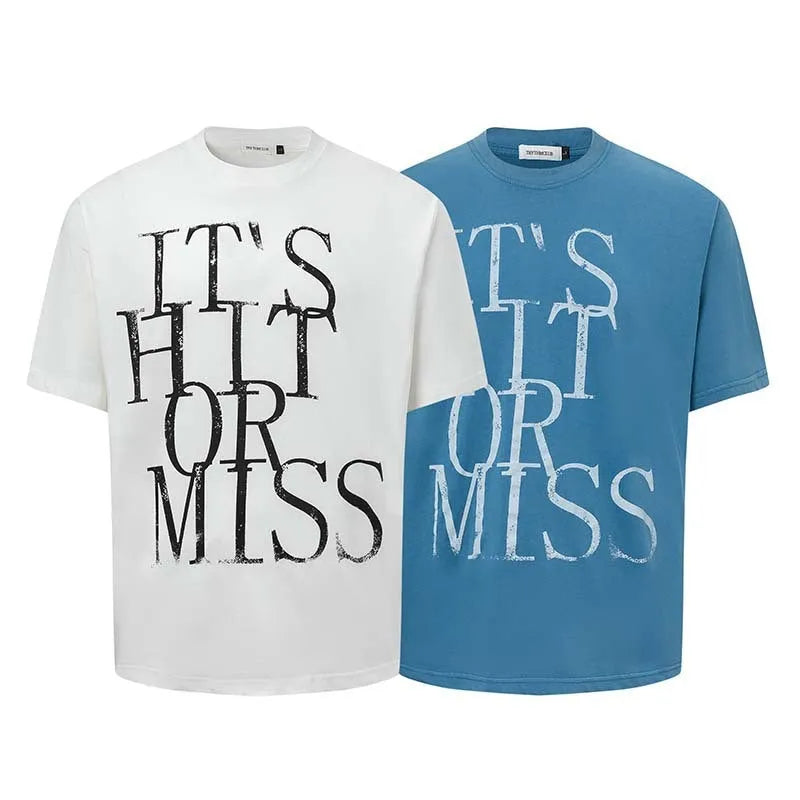 Men's white American retro t-shirt with blue letter print design, loose fit round neck