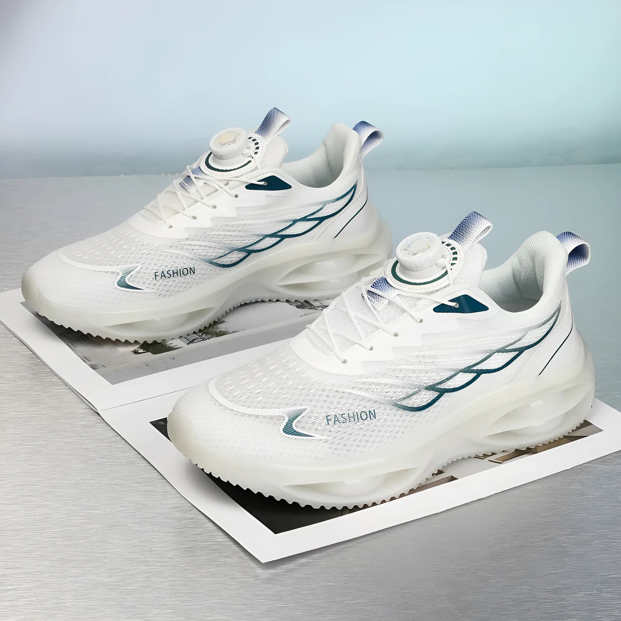 Casual breathable running shoe in sky blue with mesh upper and rubber sole, front lace-up design.
