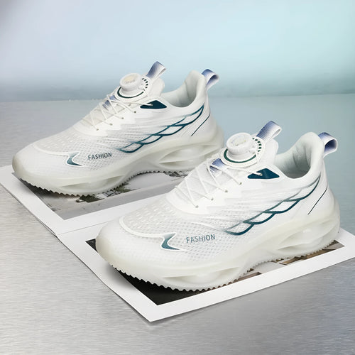 Casual breathable running shoe in sky blue with mesh upper and rubber sole, front lace-up design.