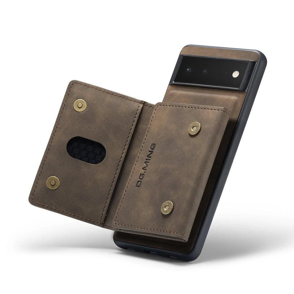 Leather magnetic card holder phone case in black for Pixel8Pro, hand-woven craft