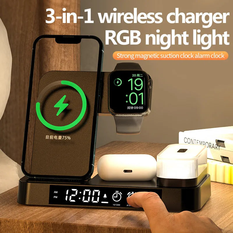 White foldable wireless charging station showing alarm clock display, phone charging surface and RGB night light