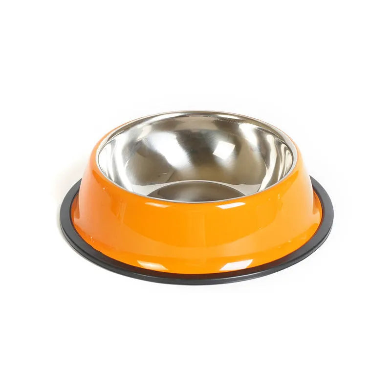 Stainless steel pet bowl with colourful melamine base and non-slip rubber ring in multiple colour options