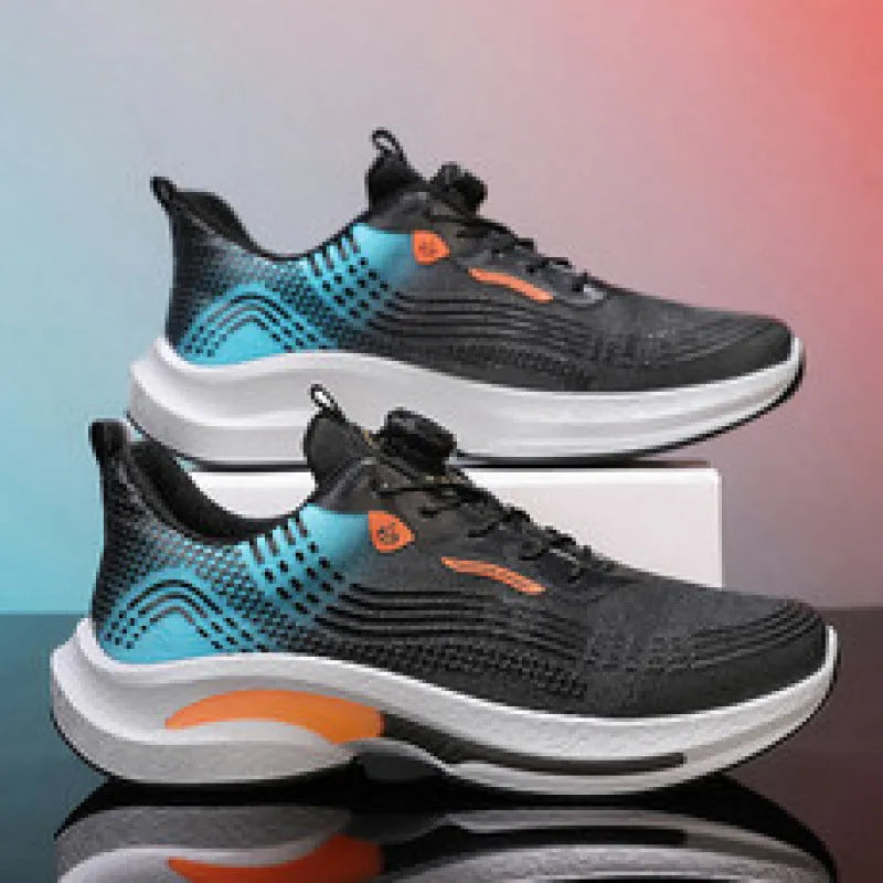 Men's low-top white and blue sneaker with a rotating buckle and mesh upper.