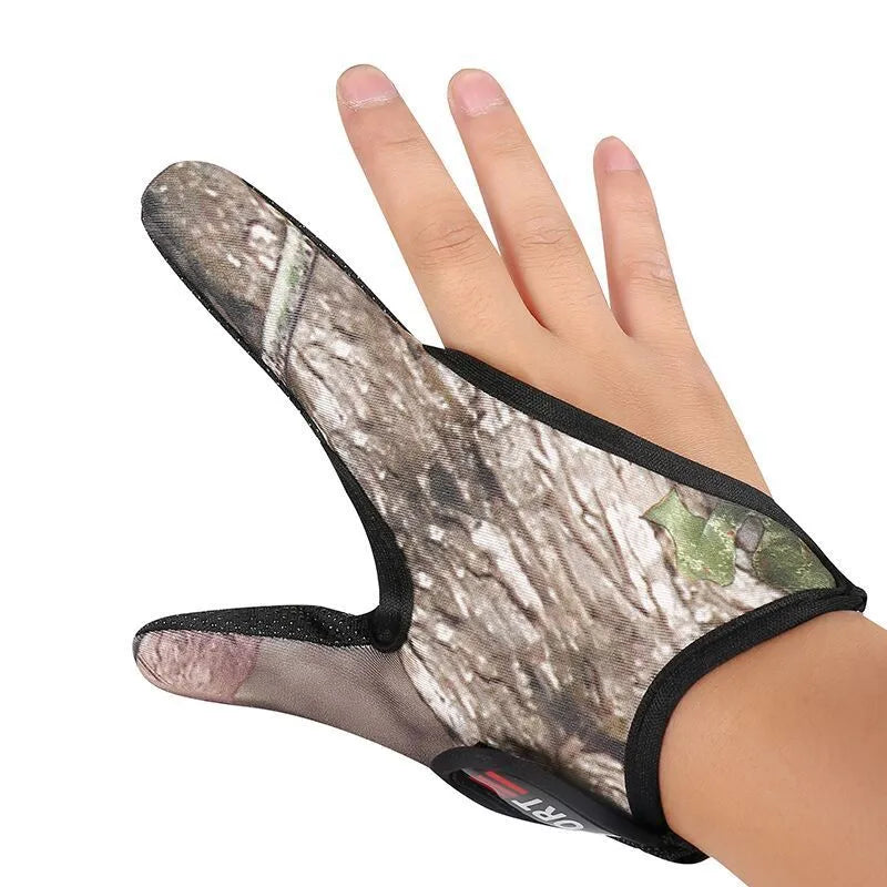 A single two-finger fishing glove with a dark microfiber palm and a camouflage diving cloth back.