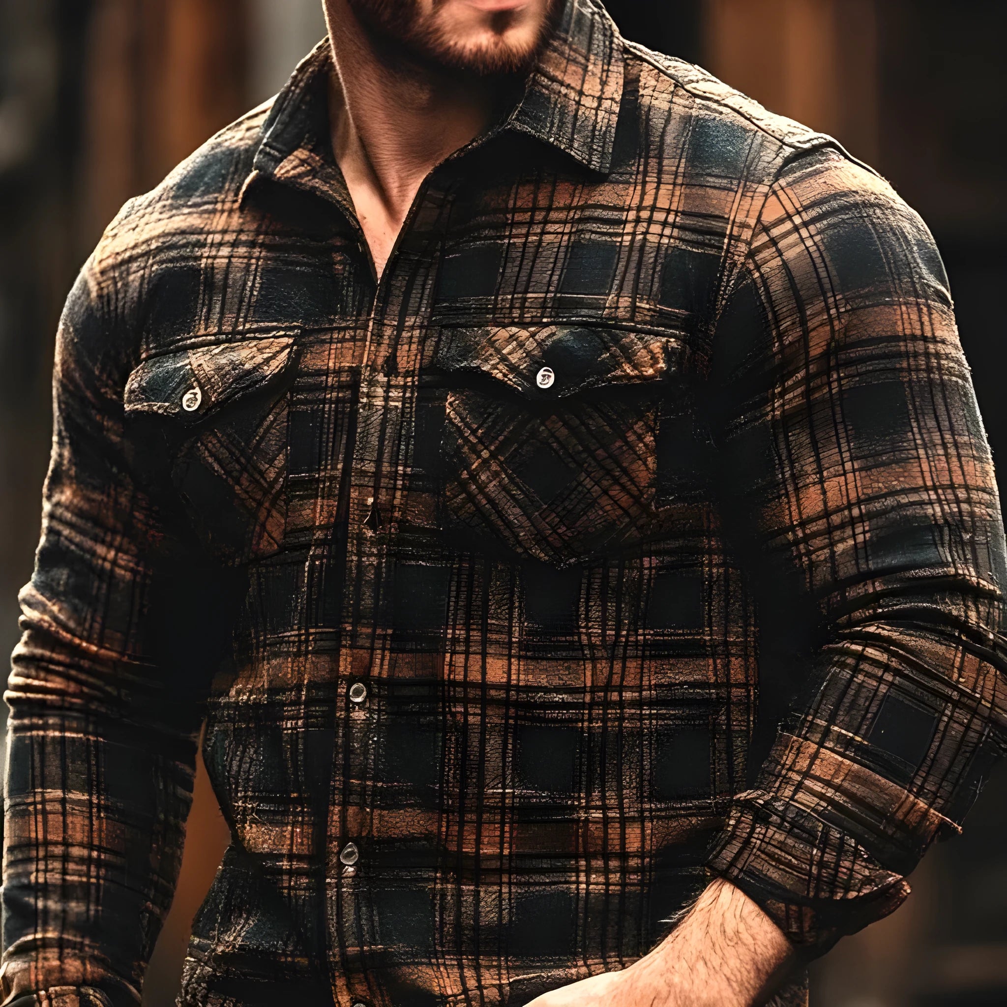 Fleece-lined men's plaid printed long sleeve shirt in loose fit cardigan style