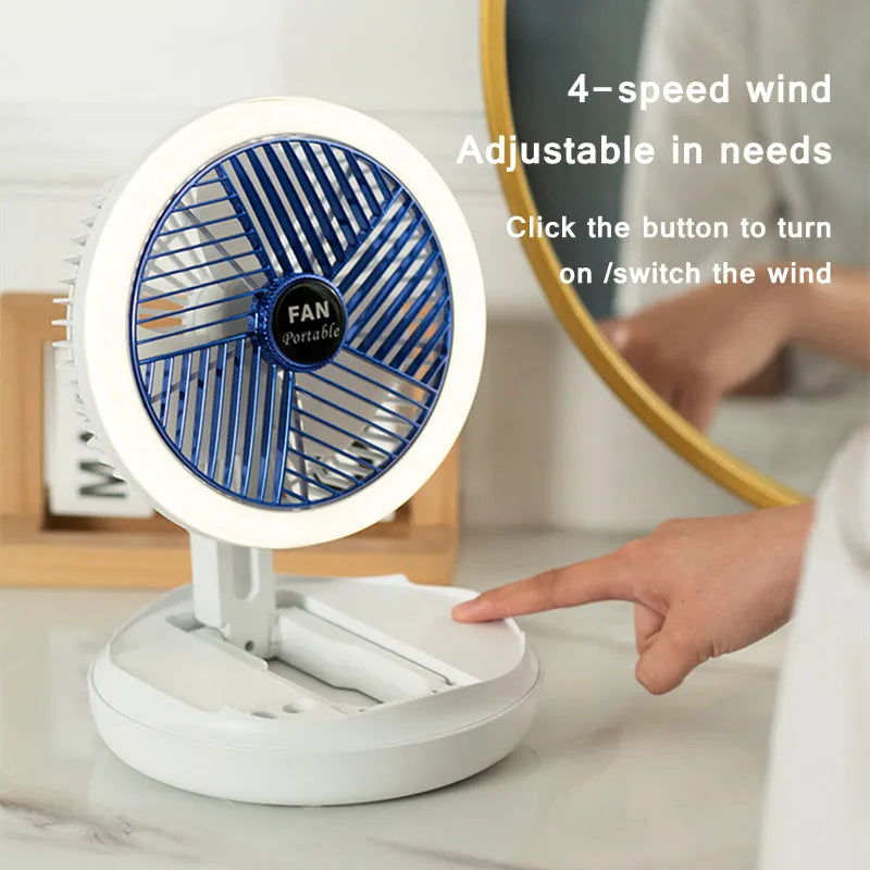 Blue or grey foldable USB fan with LED light showing 300° rotation and multiple mounting options