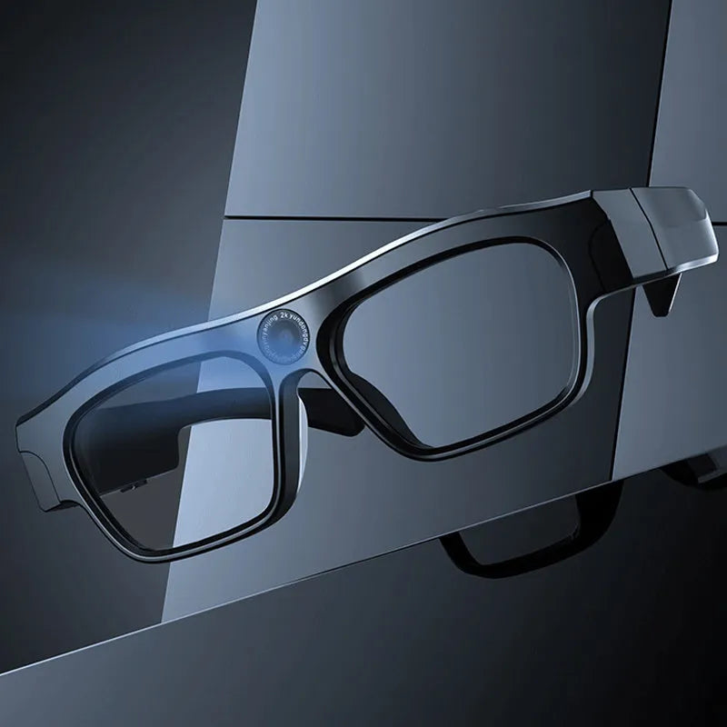 Black head-mounted smart Bluetooth glasses with transparent lens and camera for video recording