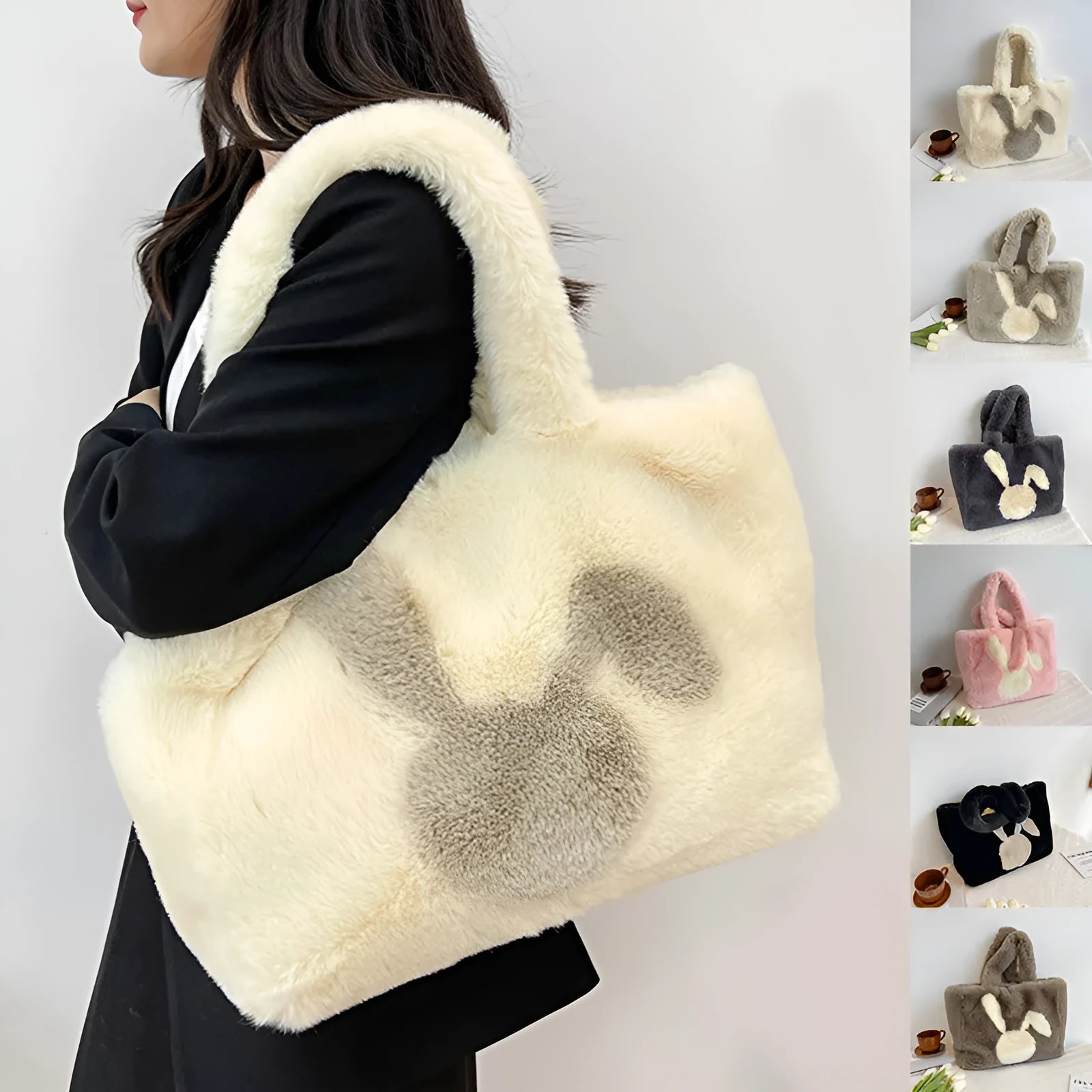 Plush shoulder bag with rabbit ears design in multiple colour options