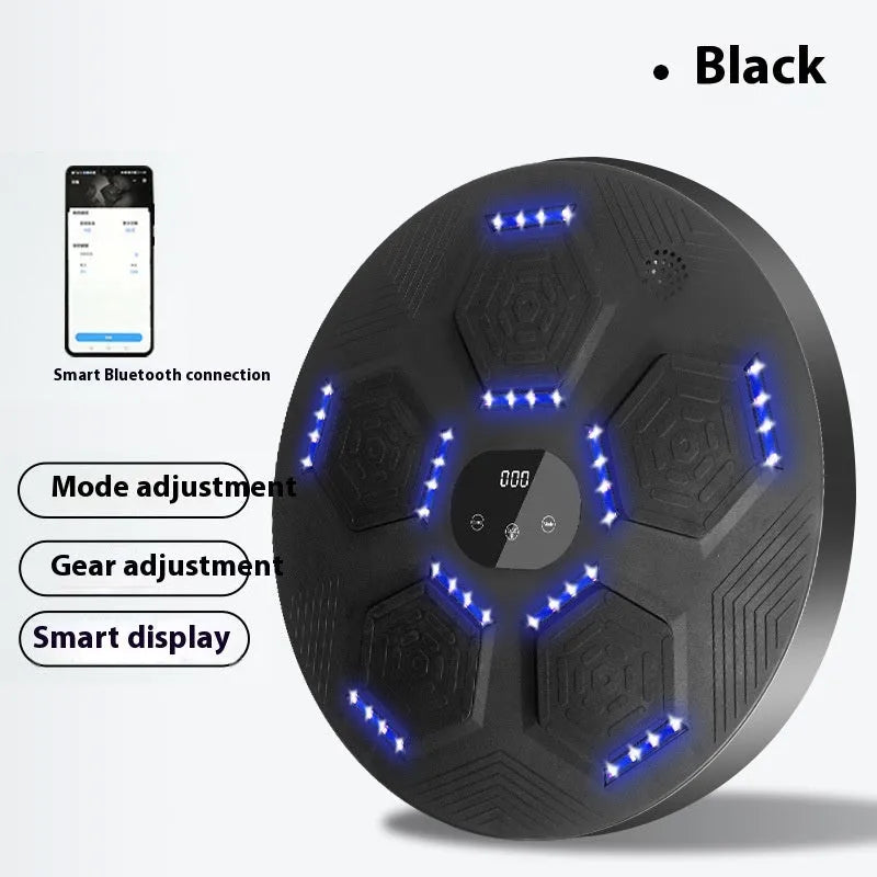 Smart music boxing machine reaction target with LED lights hanging on wall, includes boxing gloves