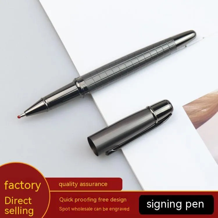 Gun grey metal rollerball pen for business signatures, shown next to a ruler indicating 13.5 cm length.