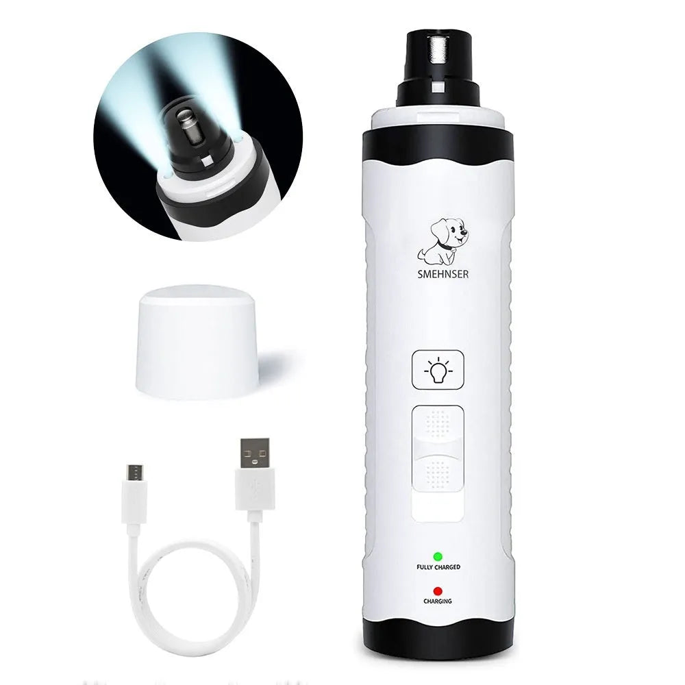 Electric dog nail trimming device with LED display showing speed settings and dust collection compartment