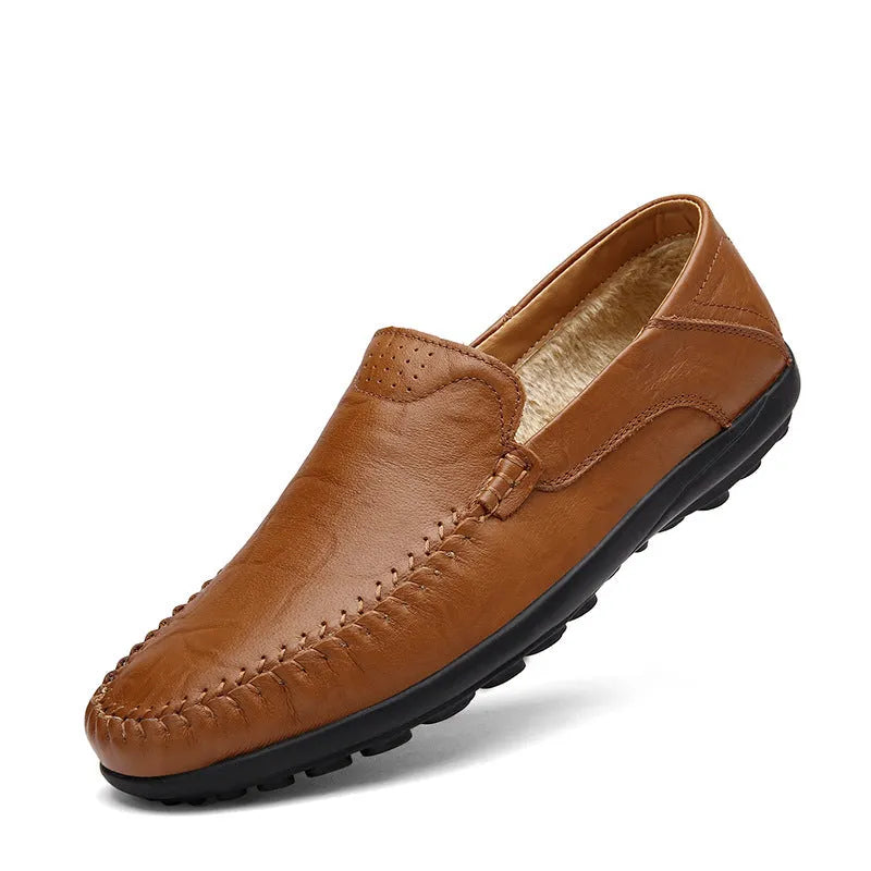 Men's brown leather casual shoes with round toe design and rubber sole for business casual wear