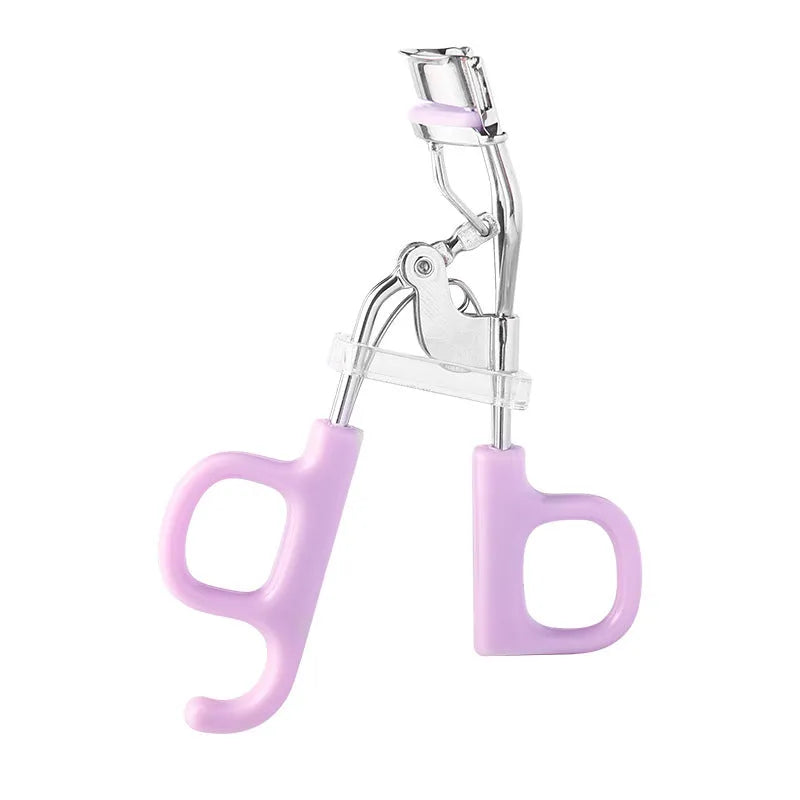 A4 scissor-handle eyelash curler with tail, shown in pink and purple colour options.
