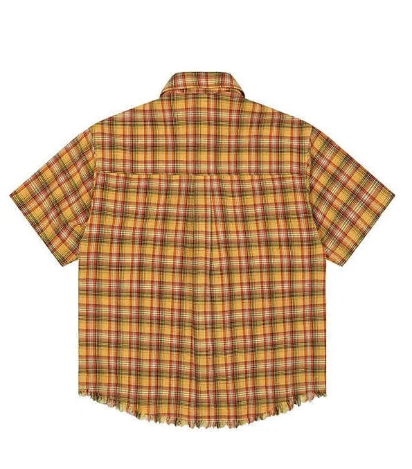 Yellow plaid short sleeve shirt with embroidered chest pocket, loose fit casual design