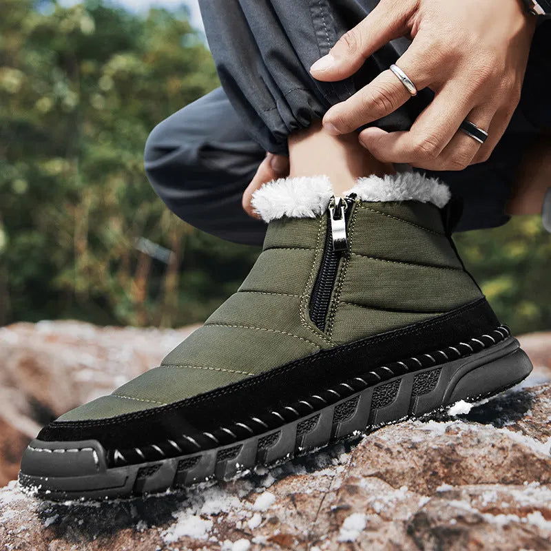 Men's plus size snow boot in black with round toe, flat heel, and non-slip rubber sole.