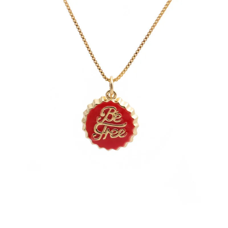 Copper bottle cap pendant necklace with gold plating on a 40cm box chain.
