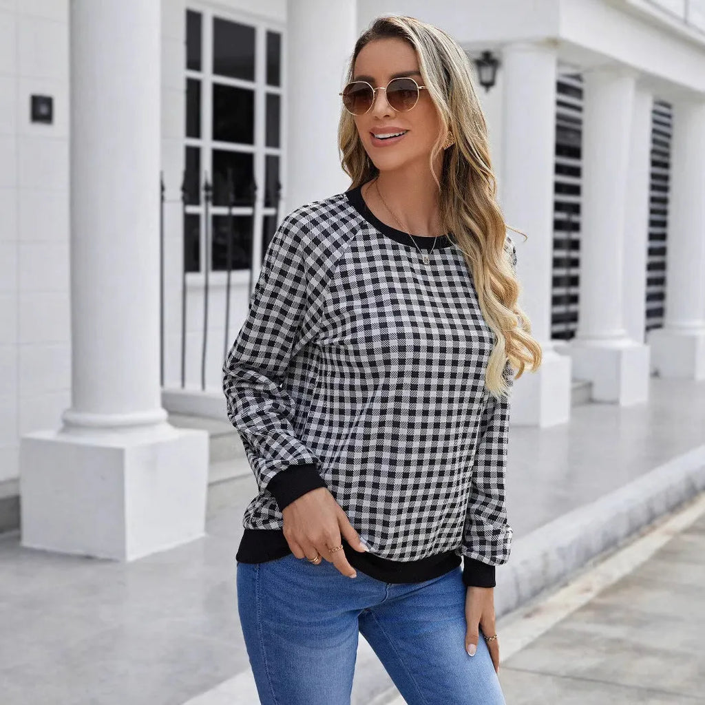 Black polyester Japanese plaid pullover sweater with stripes print and long regular sleeves