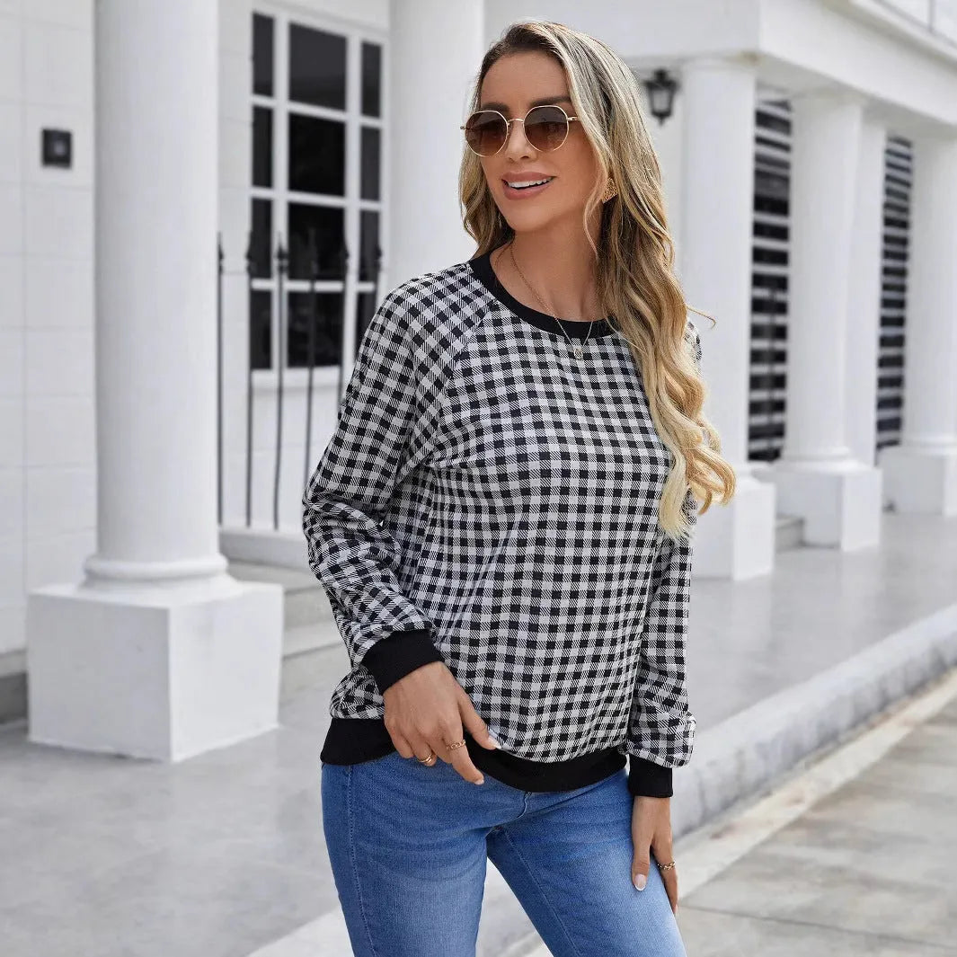 Black polyester Japanese plaid pullover sweater with stripes print and long regular sleeves