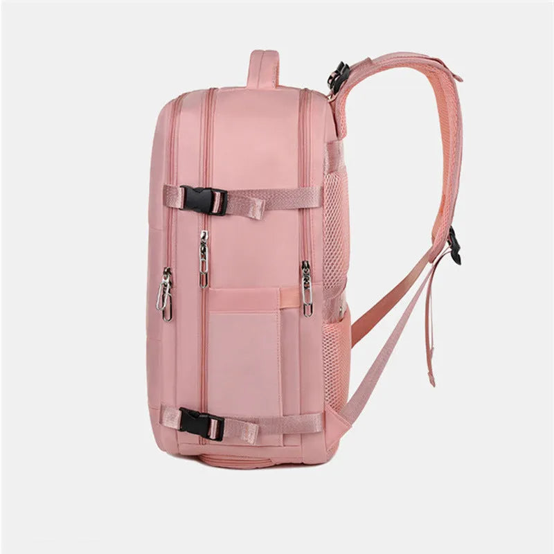 Women's large-capacity travel backpack in purple with organisational compartments and waterproof Oxford cloth construction
