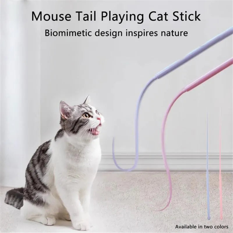 Blue cat teaser stick with silicone mouse tail and ABS handle for interactive play