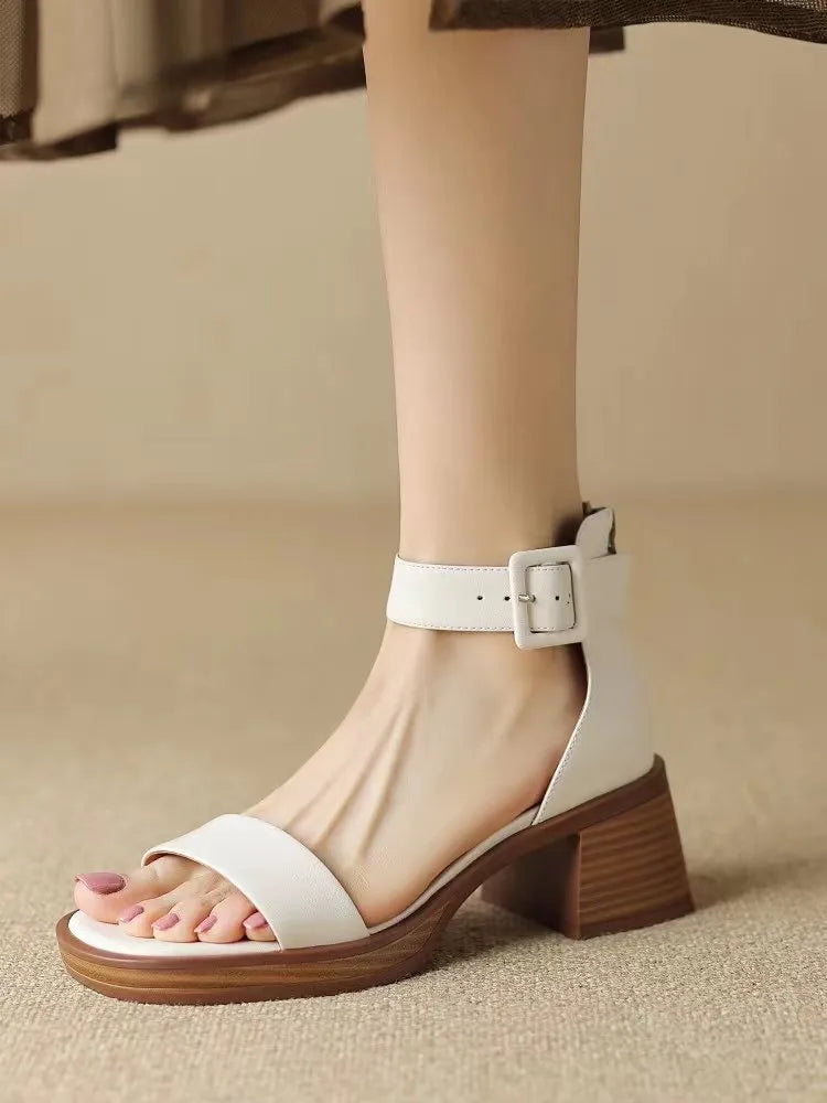 Women's white retro ankle-strap platform high heels with round toe