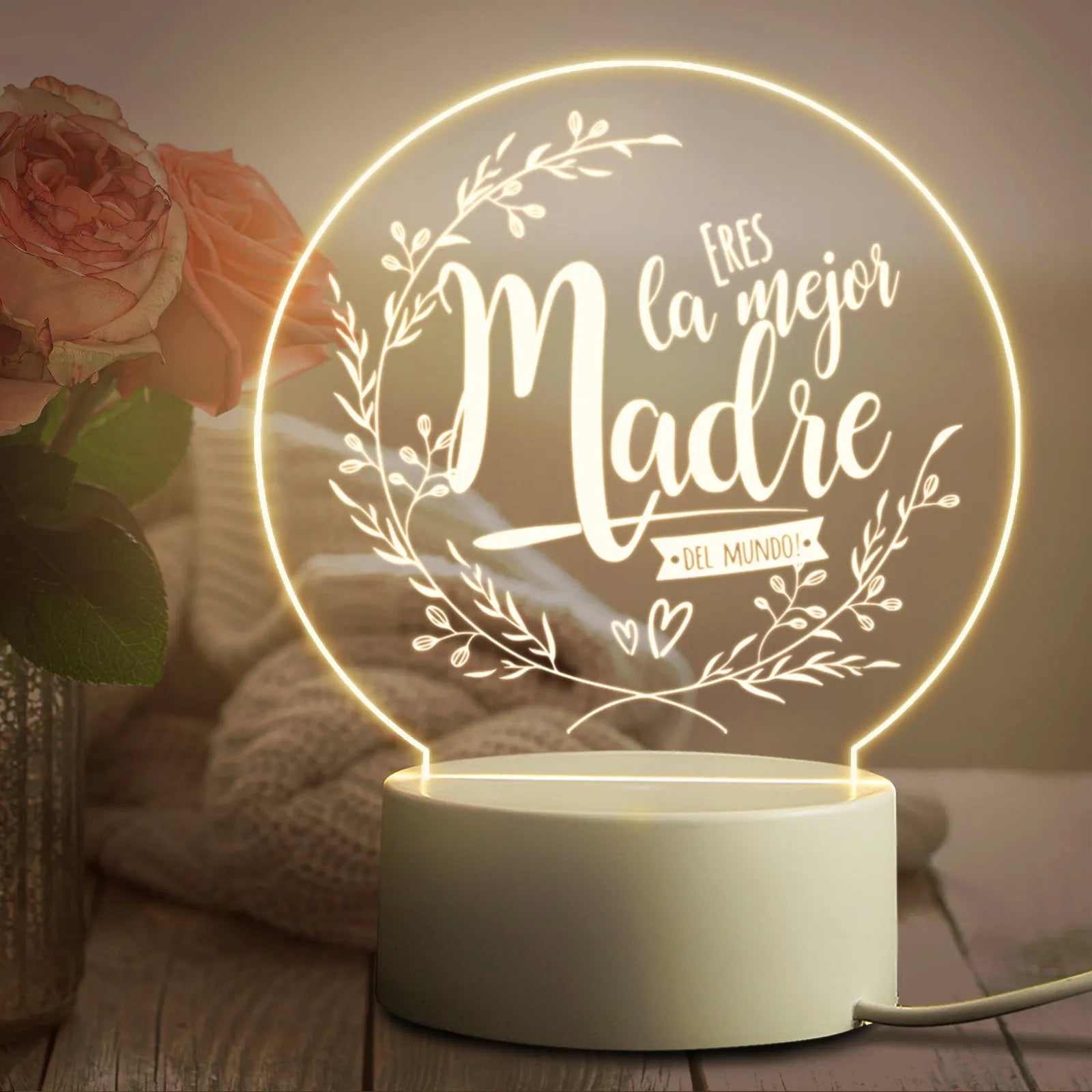 Modern white bedside night light with acrylic shade on ABS base, connected via USB cable.