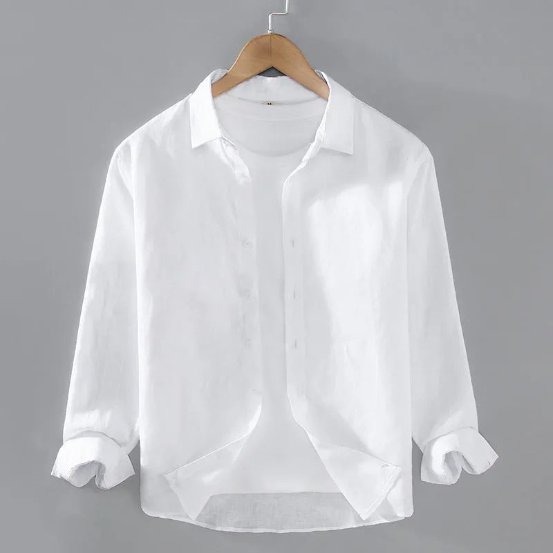 Men's linen shirt in solid colour with cardigan styling and long sleeves