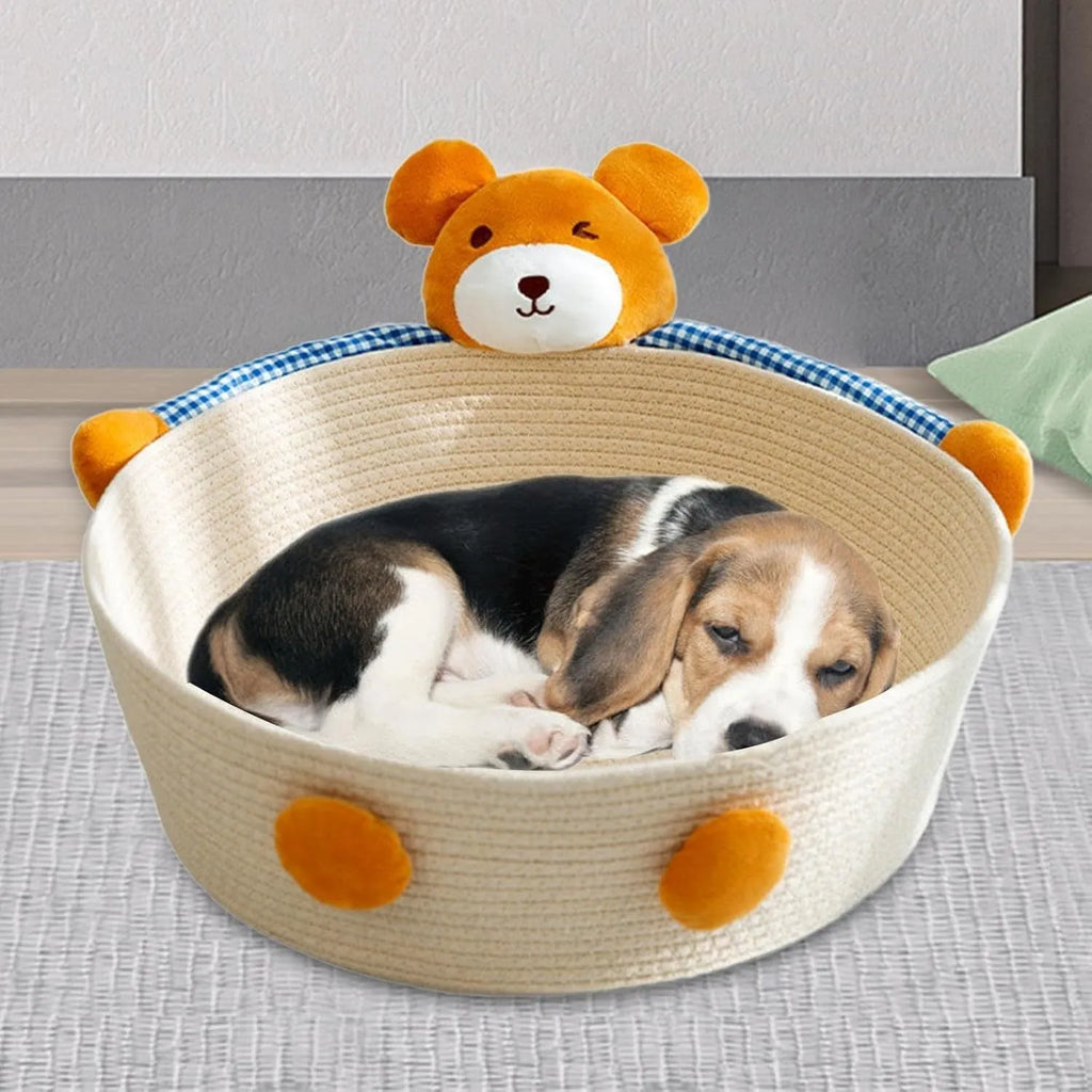 Woven cotton rope basket serving as a cat bed and scratcher in a natural colour.