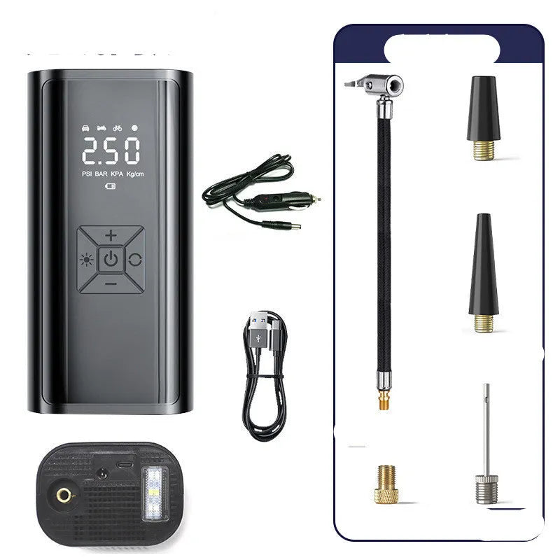 Portable wireless digital display tyre pump with inflatable tube and power cables