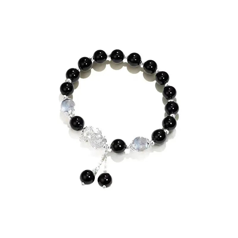 Handmade black agate and grey opal couple bracelet with 10mm wave beads and money painting design