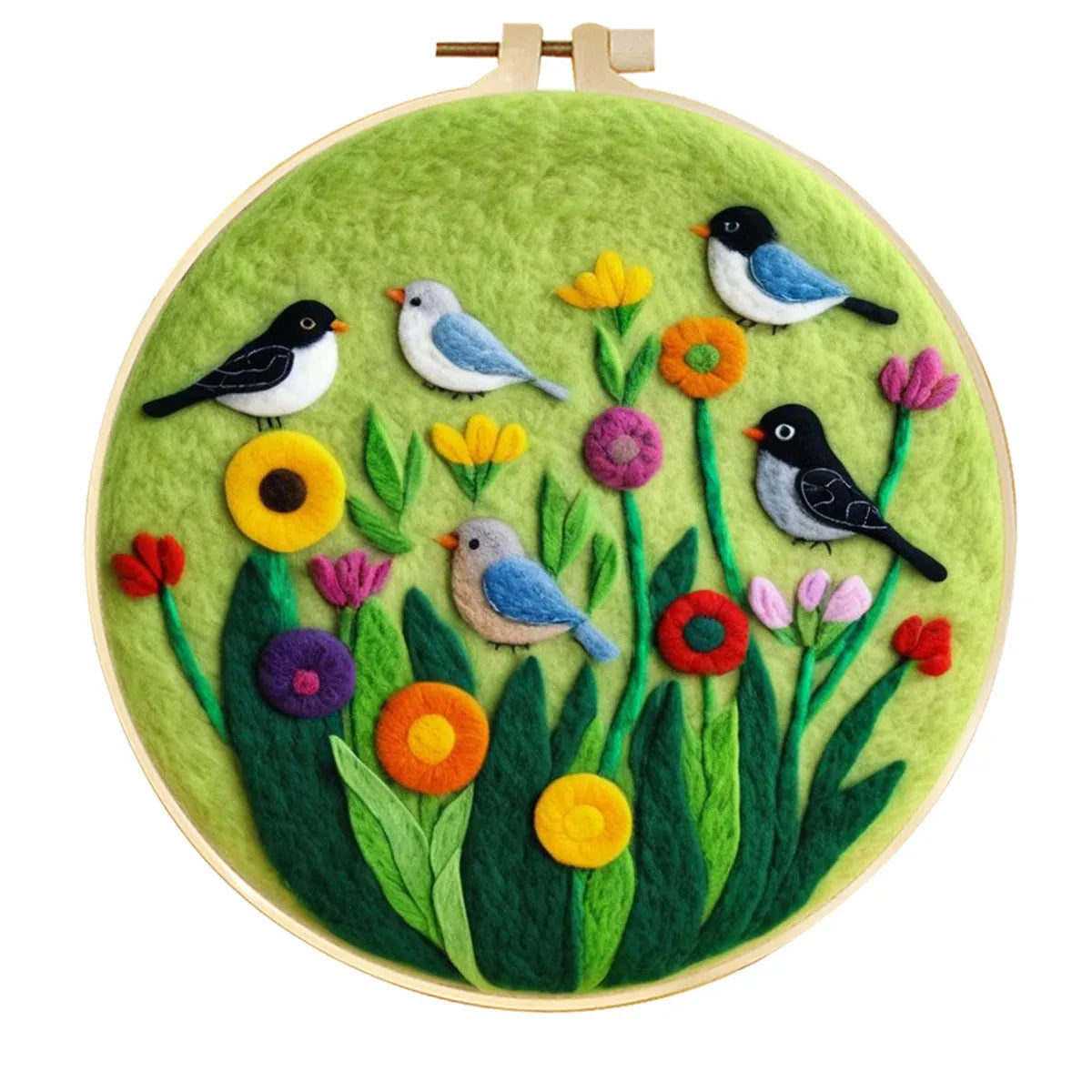 Round linen embroidery kit with wool felt pieces for 3D flowers and leaves, includes a free frame.
