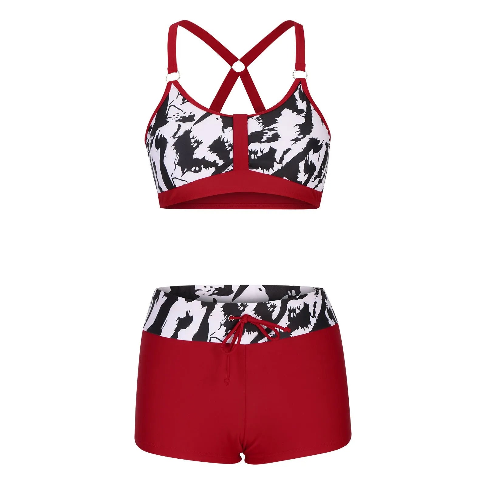 Women's floral print polyester bikini swimsuit set with bra and shorts on a neutral background.