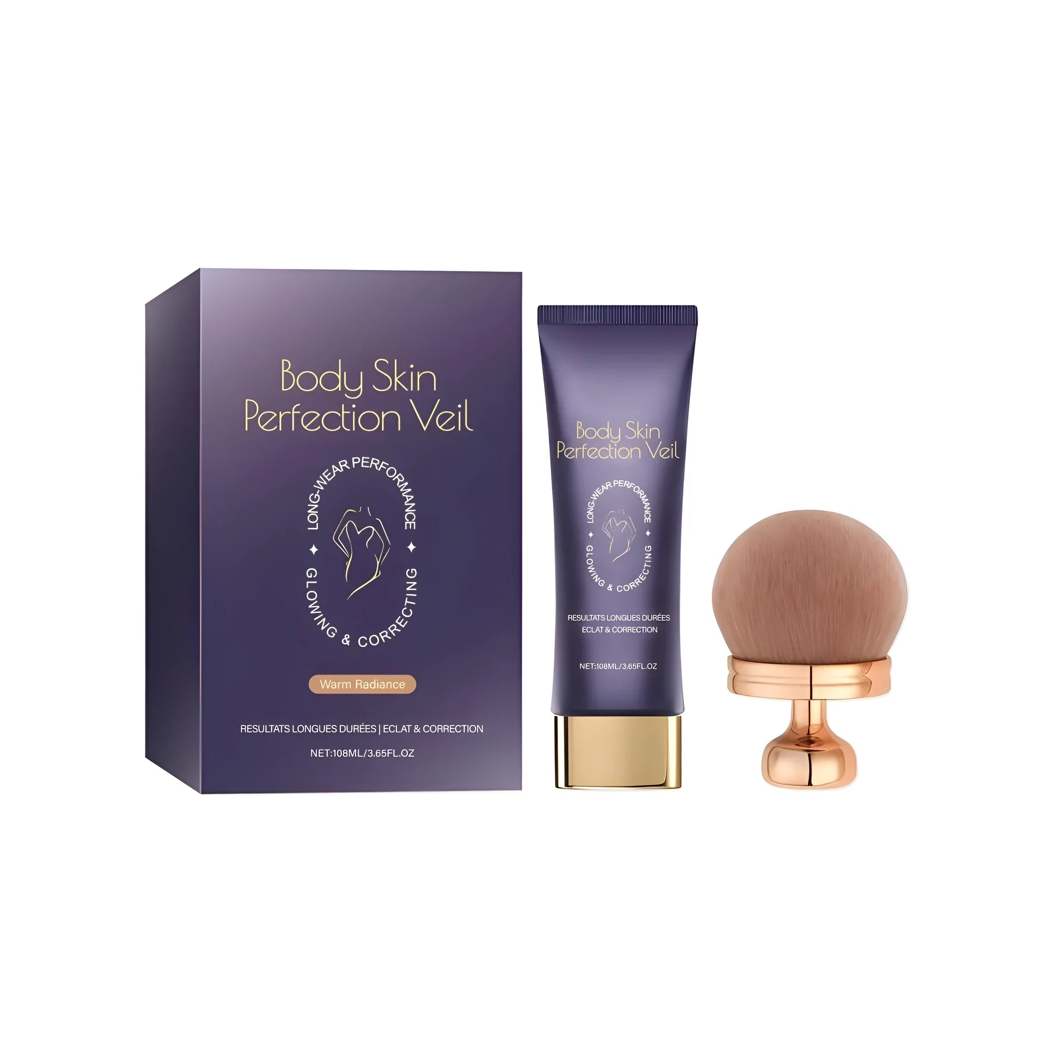 Body Concealer Repair Cream 108ml with makeup brush in Warm Radiance tone on white background