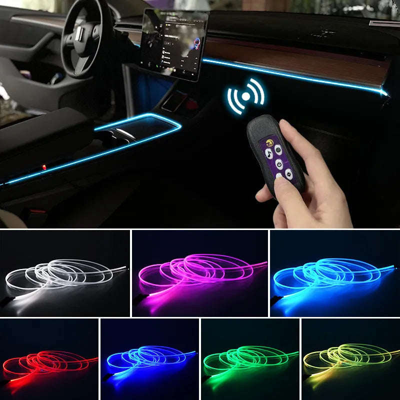 Car interior with colour-changing LED atmosphere lighting installed along dashboard and centre console
