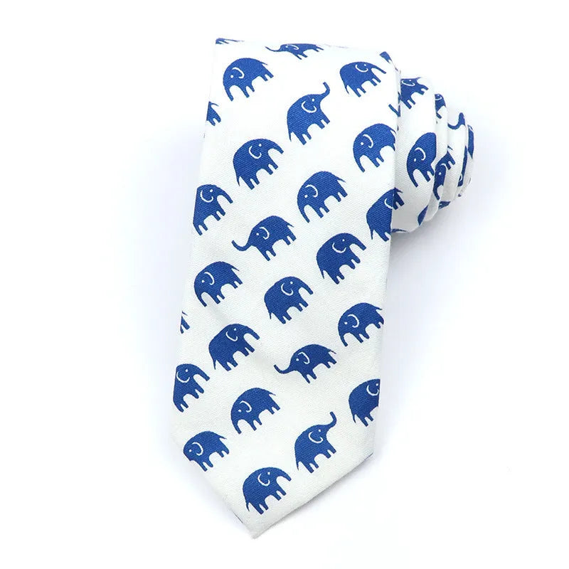 Korean style narrow men's cotton bow tie with a printed cartoon pattern in a selected colour.