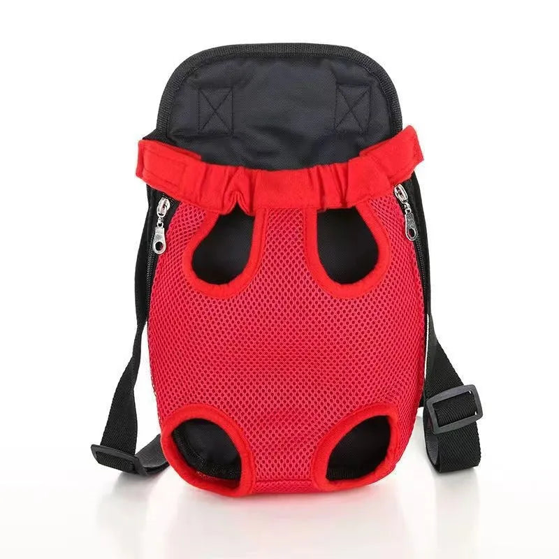 A person wearing a blue nylon dog carrier backpack on their front, containing a small dog. The bag shows mesh panels and an open-top design.
